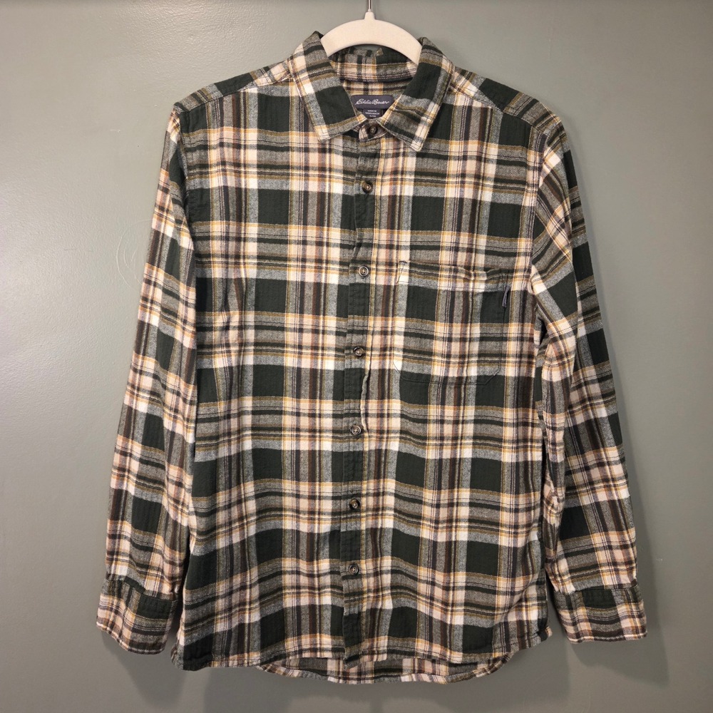 Eddie Bauer Men's Size S Flannel Plaid Button Up Shirt 100% Cotton Khaki Green